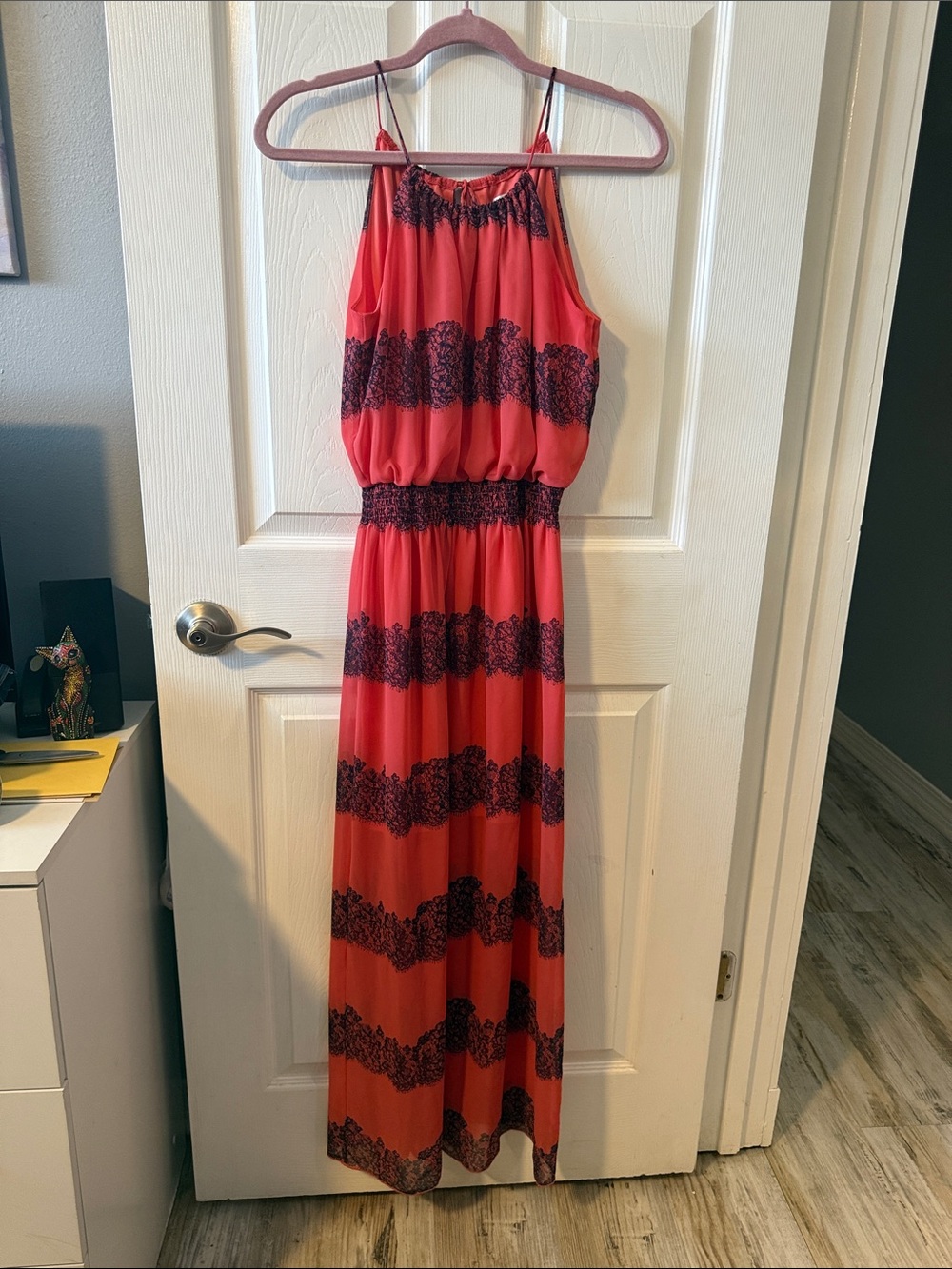 Sweet Storm Coral Maxi Dress with Black Lace Stripes